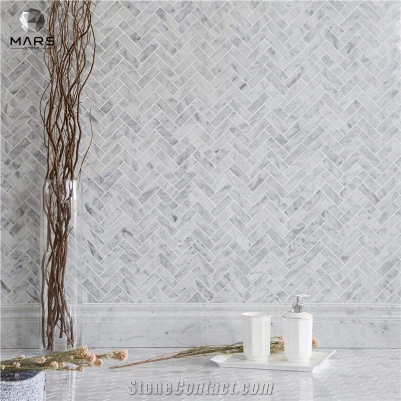 Italian White Carrara Marble 1 X 3 Herringbone Mosaic Tile