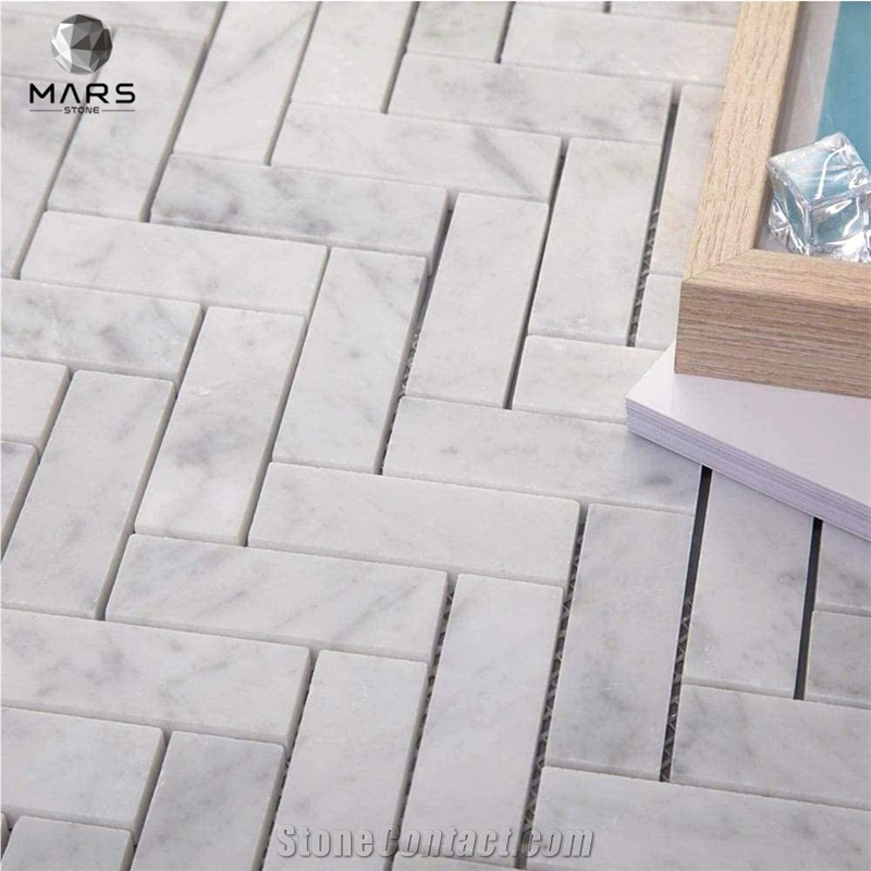 Italian White Carrara Marble 1 X 3 Herringbone Mosaic Tile