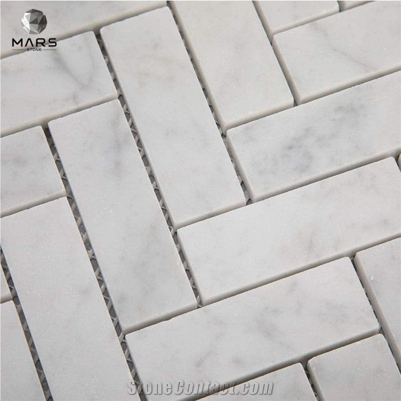 Italian White Carrara Marble 1 X 3 Herringbone Mosaic Tile