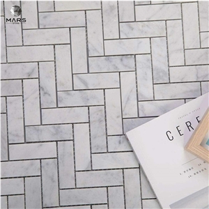 Italian White Carrara Marble 1 X 3 Herringbone Mosaic Tile