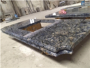 bahia island tops blue granite peninsula kitchen bench top