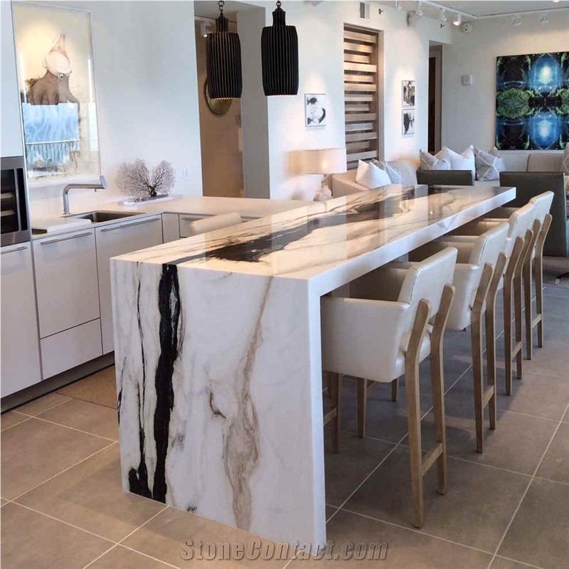 bookmatch panda white island bar top mitered marble benchtop