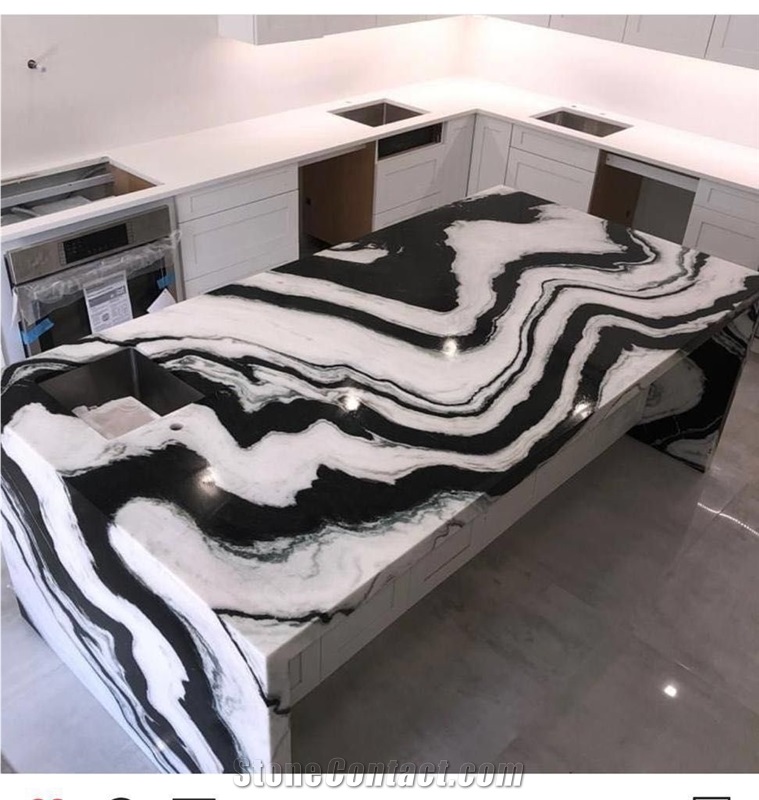 bookmatch panda white island bar top mitered marble benchtop