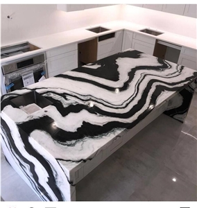 bookmatch panda white island bar top mitered marble benchtop