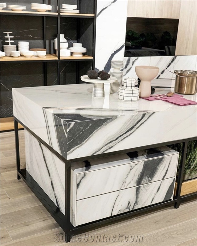 bookmatch panda white island bar top mitered marble benchtop