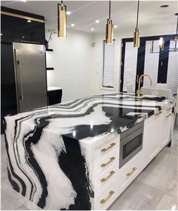 bookmatch panda white island bar top mitered marble benchtop