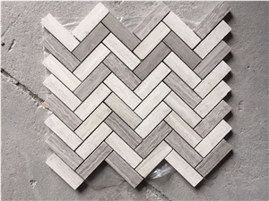 Mixed Wood Marble Herringbone Bath Wall Mosaic Design Tile
