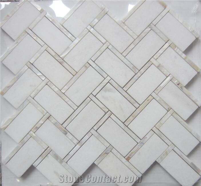 Mother Of Pearl Mosaic Tile Thassos Herringbone Waterjet 