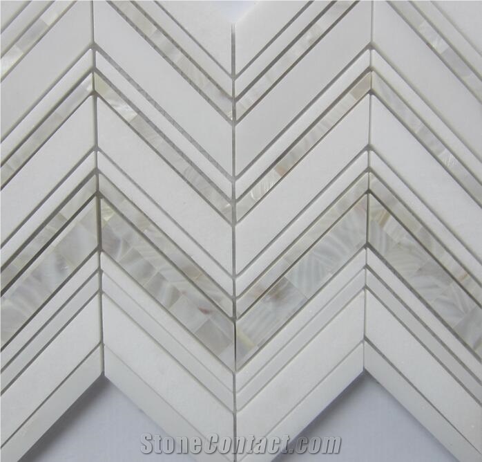 Mother Of Pearl Mosaic Tile Thassos Herringbone Waterjet 