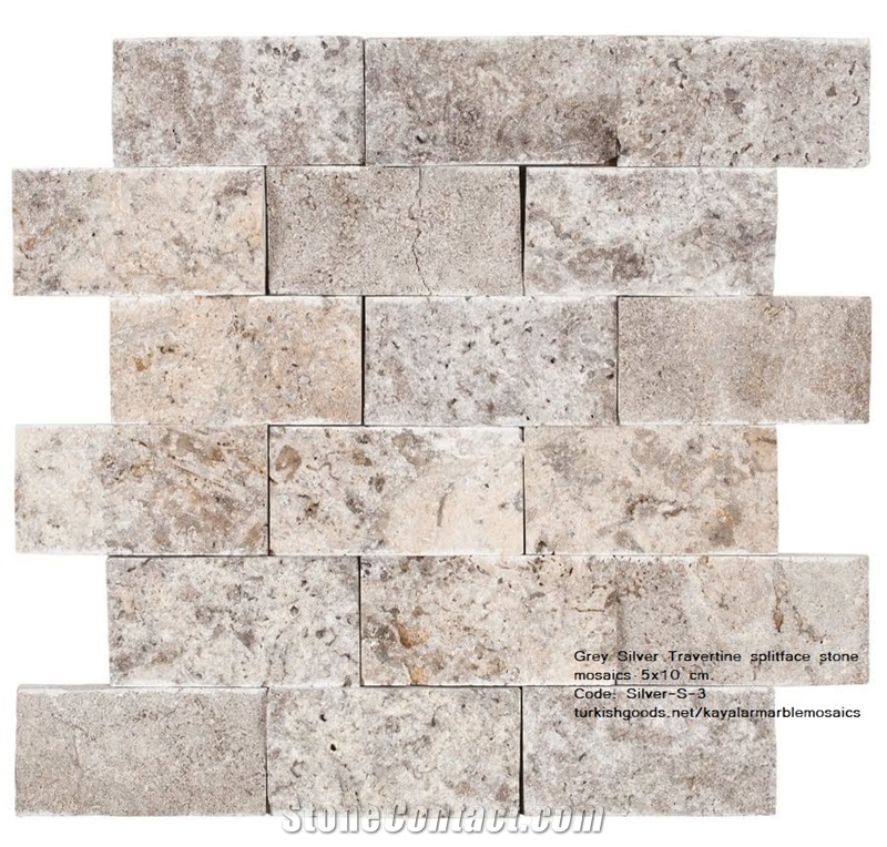 Grey Silver Travertine Splitface Stone Mosaics 5X10 Cm.