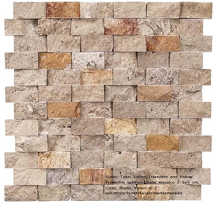 Rustic Tonal And Yellow Travertine Split Mosaics 2.5X5 Cm.