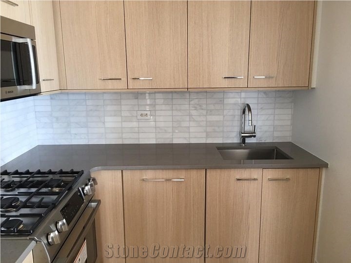Grey Quartz Kitchen Countertop, Dynasty White Marble Mosaic