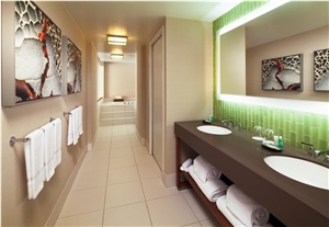 Quartz Hotel Bath top, ceramic backsplash