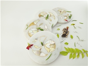 Marble Inlay Coaster White Set Of 4 Pcs  ( HM-000256 ) 