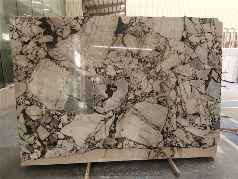 Blue Breccia Marble Slab Glossy Hotel Lobby Floor Tiles