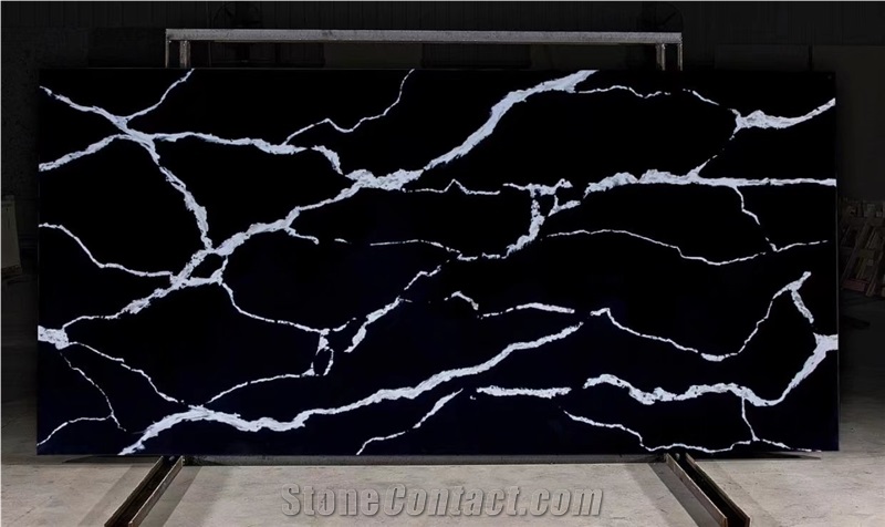 Artificial Black Quartz Slab with White Vein Black Calacatta