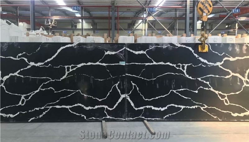 Artificial Black Quartz Slab with White Vein Black Calacatta