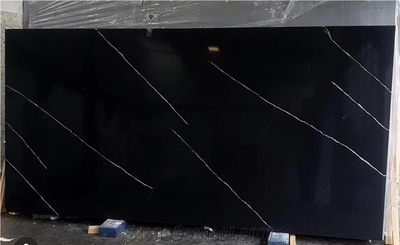 Artificial Black Quartz Slab with White Vein Black Calacatta