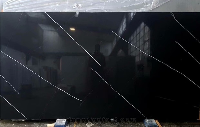 Artificial Black Quartz Slab with White Vein Black Calacatta