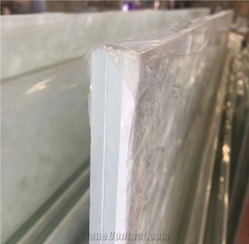 backlit white onyx laminated glass panel