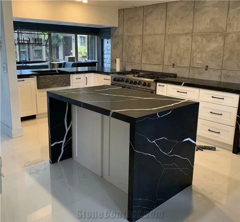 Calacatta Black Quartz White Marble Veins Kitchen Countertop