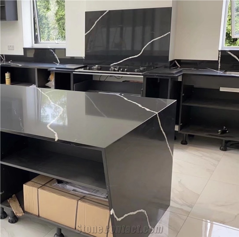 Calacatta Black Quartz White Marble Veins Kitchen Countertop