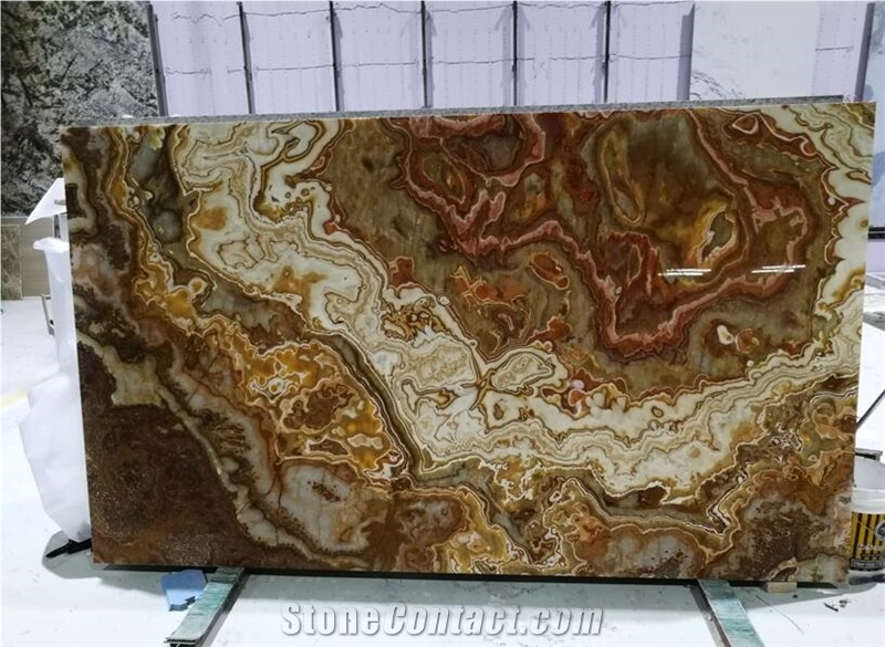 Tiger Onyx Thin Panels for interior wall book matched