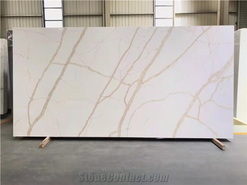 Black Quartz Slabs With White And Gold Veins 