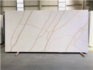 Black Quartz Slabs With White And Gold Veins 
