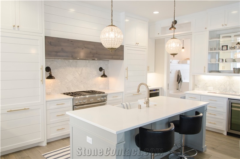 White Calacatta Book Match Quartz Stone Worktops
