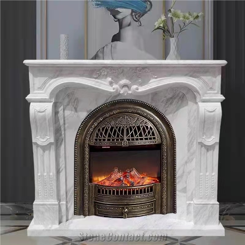 White marble indoor modern sculptured fireplace