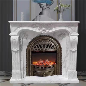 White marble indoor modern sculptured fireplace