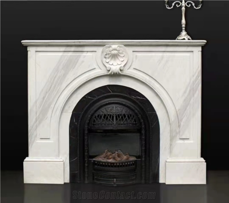 White marble indoor modern sculptured fireplace