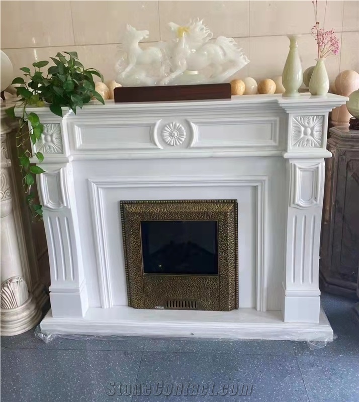 White marble indoor modern sculptured fireplace