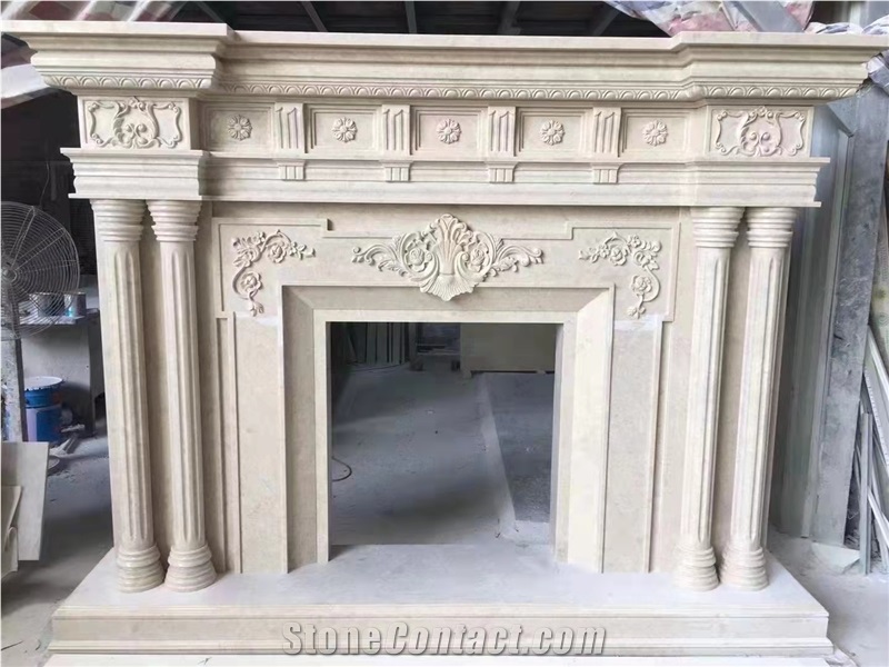 White marble indoor modern sculptured fireplace