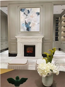 White marble indoor modern sculptured fireplace