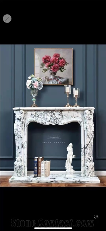 White marble indoor modern sculptured fireplace