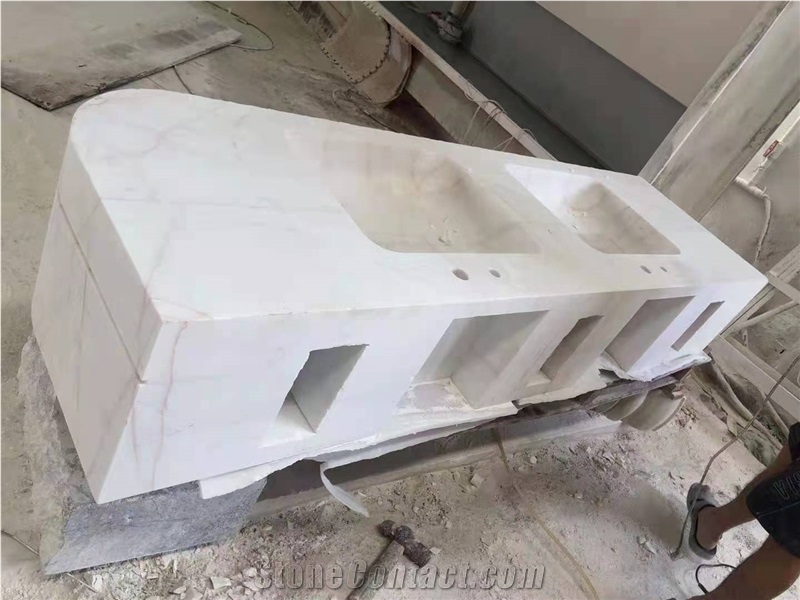 China Red Line White Jade Marble Polished Wash Basins