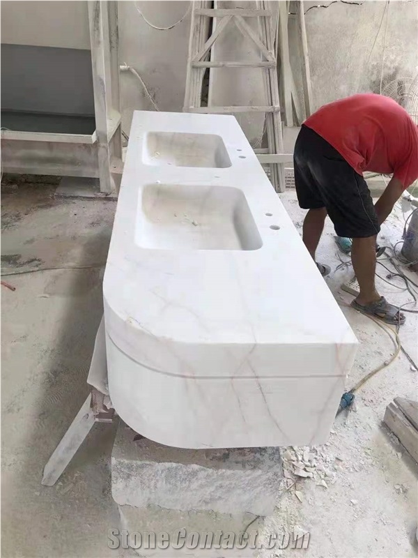 China Red Line White Jade Marble Polished Wash Basins