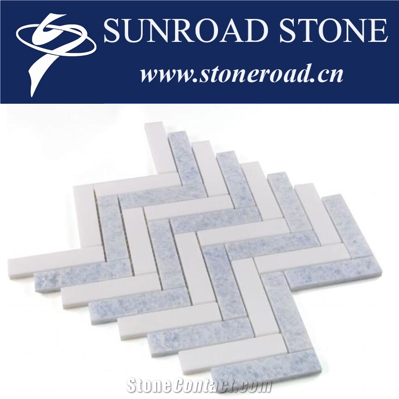 Blue Celeste Marble Chevron Mosaic Tiles 12"X12" Dream Blue 