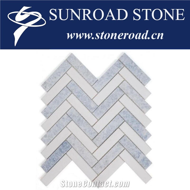 Blue Celeste Marble Chevron Mosaic Tiles 12"X12" Dream Blue 