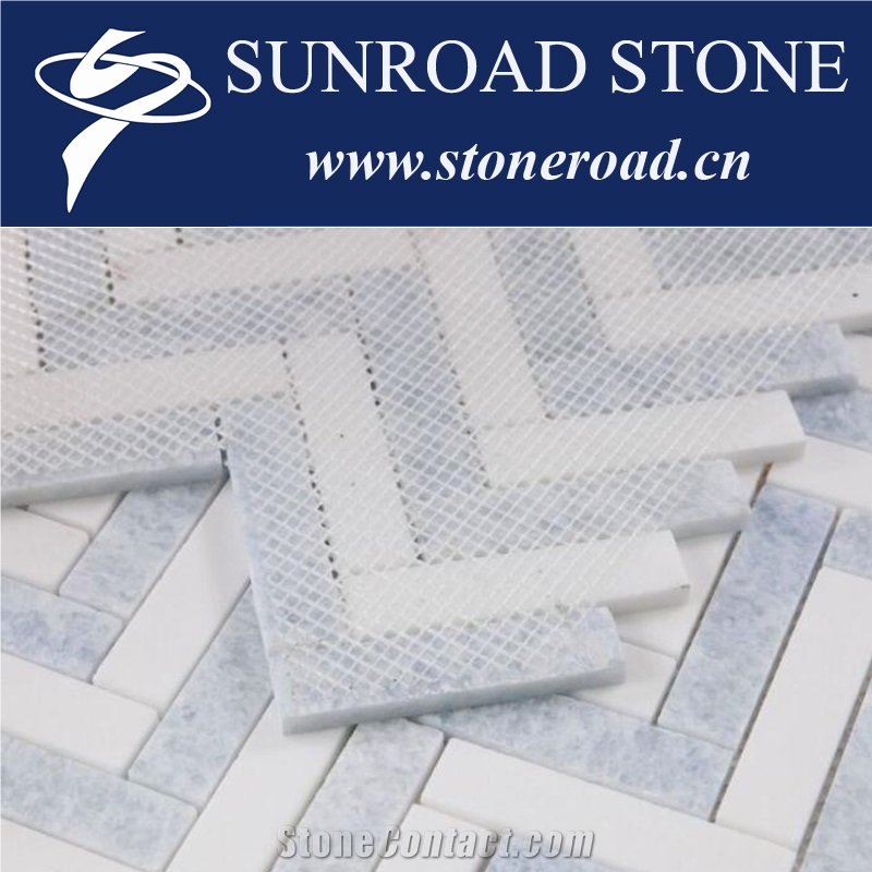 Blue Celeste Marble Chevron Mosaic Tiles 12"X12" Dream Blue 