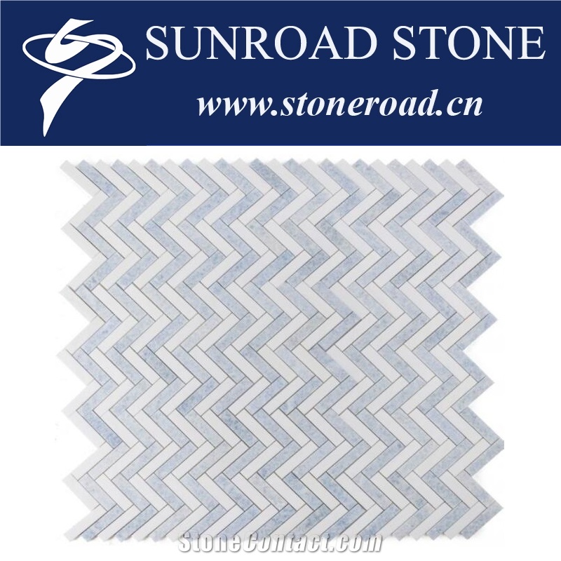 Blue Celeste Marble Chevron Mosaic Tiles 12"X12" Dream Blue 