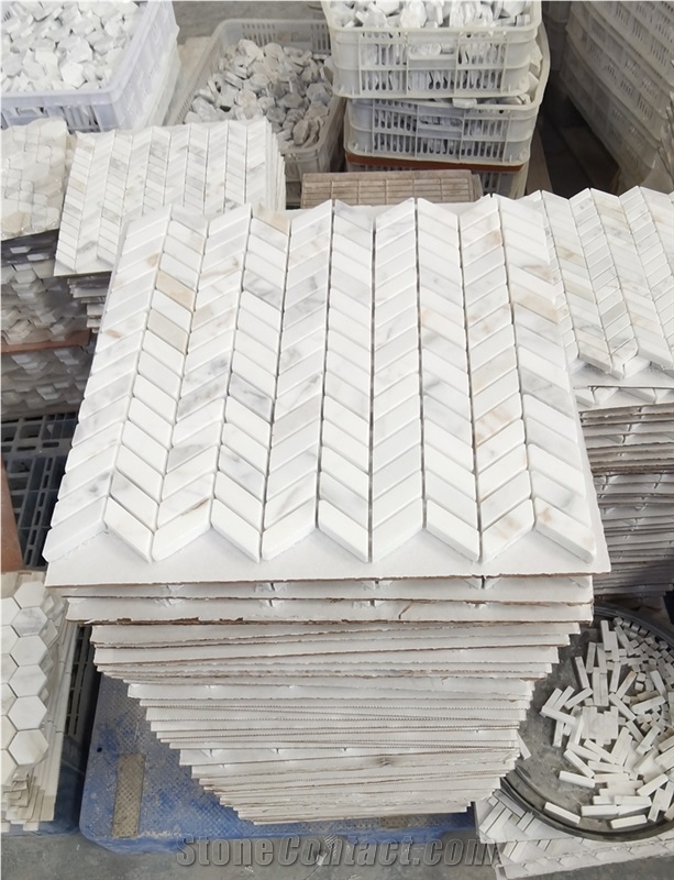 Calacatta Gold Marble Mini-Chevron Pattern Mosaic Tile