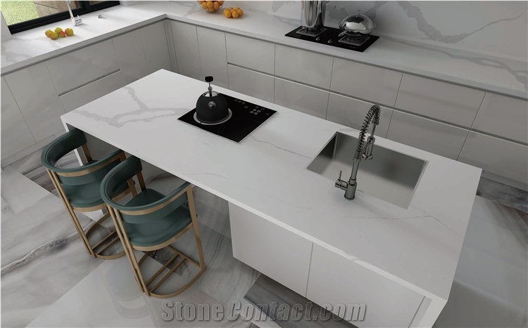 White Quartz Engineered Stone Island Kitchen Countertop