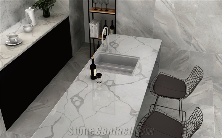 White Quartz Engineered Stone Island Kitchen Countertop