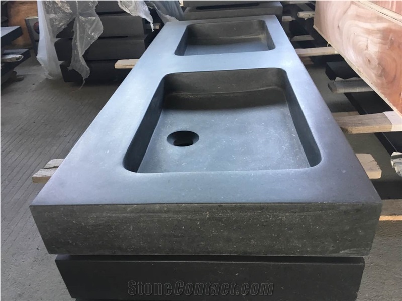 Black Green Stone Bathroom Double Sinks, Square Shape Basins