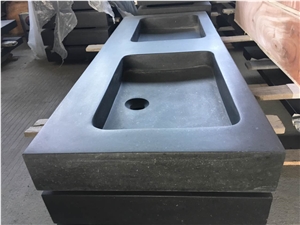 Black Green Stone Bathroom Double Sinks, Square Shape Basins