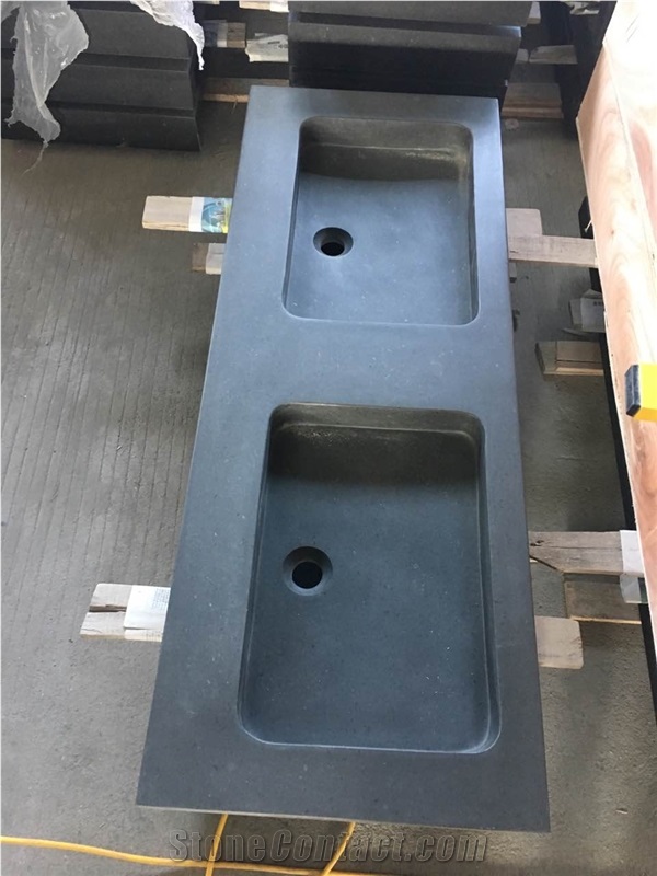 Black Green Stone Bathroom Double Sinks, Square Shape Basins