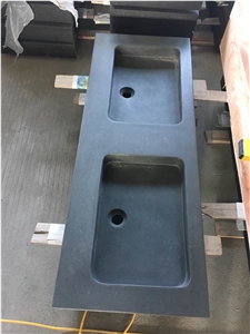 Black Green Stone Bathroom Double Sinks, Square Shape Basins